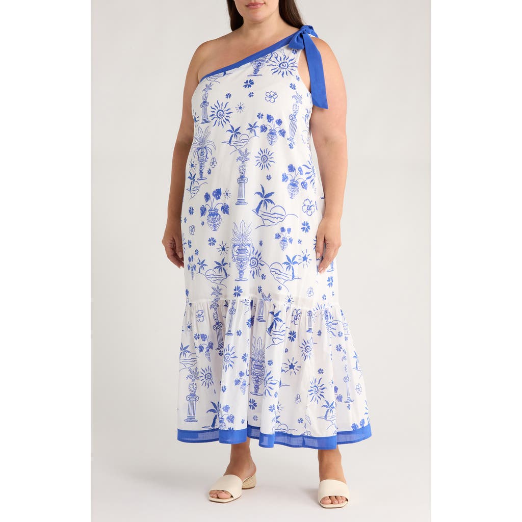 SUGARLIPS Alvina Tropics Nicol One-Shoulder Cotton Maxi Dress in White/Blue  product