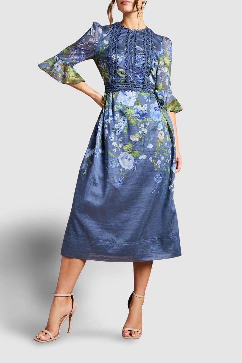 Placement Print Organza Midi Dress, Alternate, color, Blue