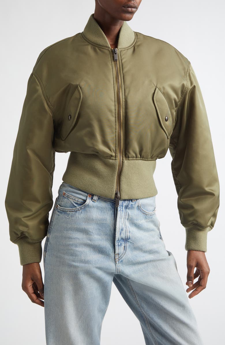 Saint Laurent Crop Bomber Jacket, Alternate, color, Kaki