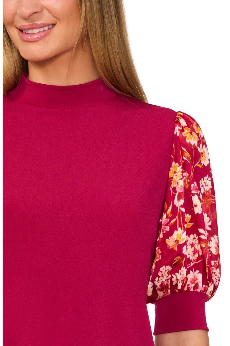 Floral Puff Sleeve Mock Neck Top, Alternate, color, DEEP SANGRIA