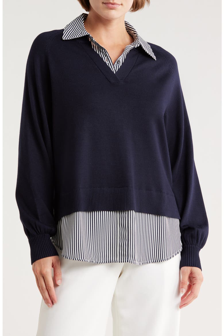 V-Neck Twofer Sweater, Main, color, NAVY W/ NAVY SMALL STRIPE