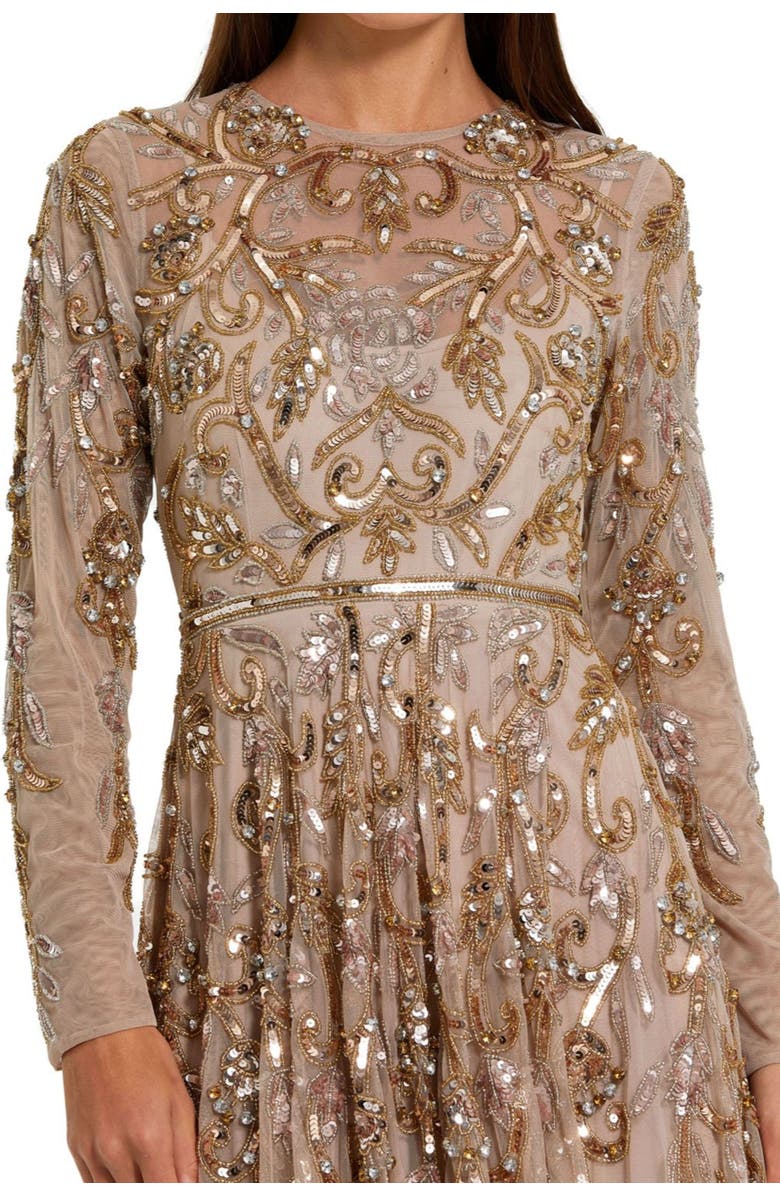 Mac Duggal Long Sleeve Hand Embellished Gown, Alternate, color, Mocha Gold