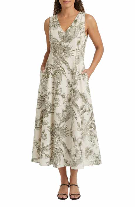 V-Neck Linen Blend Godet Midi Dress