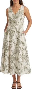 London Times V-Neck Linen Blend Godet Midi Dress