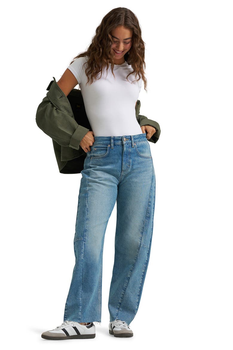 Rider Low Slung Mid Rise Raw Hem Barrel Leg Jeans, Alternate, color, MEMORY TRIP