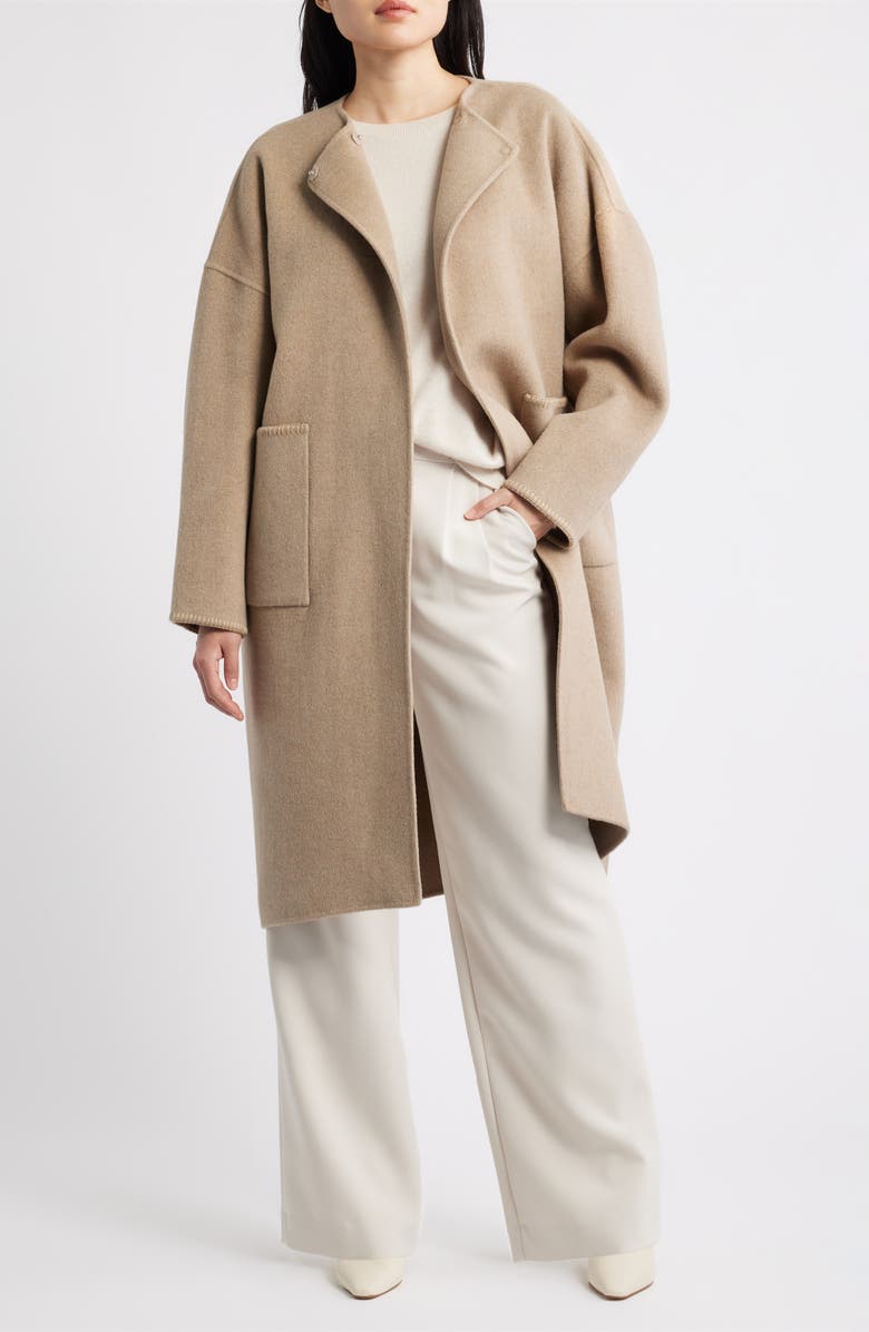 BOSS Chalet Wool Blend Double Face Coat with Scarf, Alternate, color, Beige