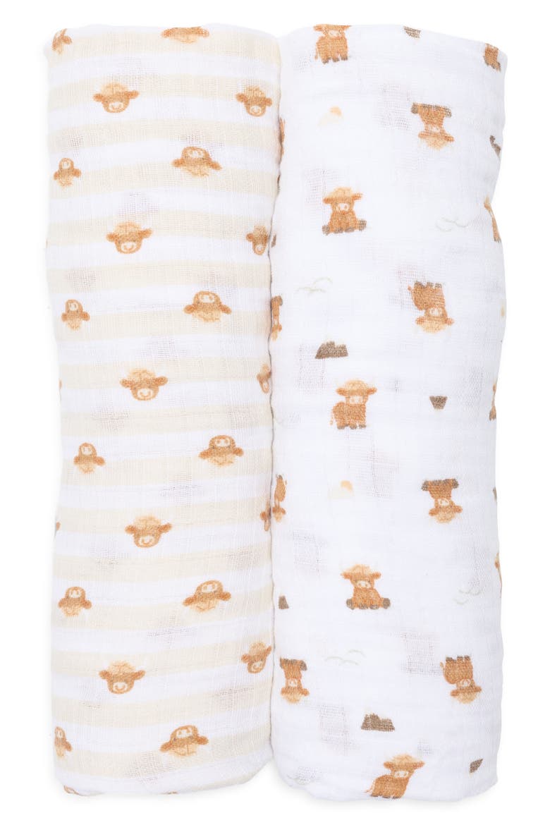 Highland Cow 2-Pack Muslin Swaddle Blanket Set, Main, color, HYLAND COW