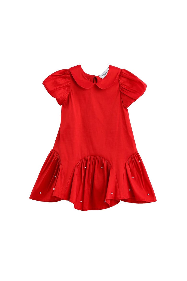 Crimson Glow Short Sleeve Peter Pan Collar Pearl Embellished Dropwaist Dress, Alternate, color, Red