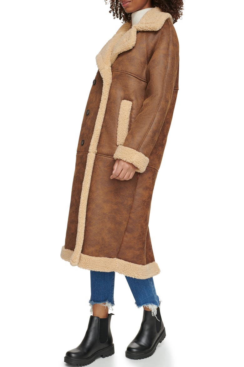 Notch Collar Faux Shearling Coat, Alternate, color, BROWN/ SESAME