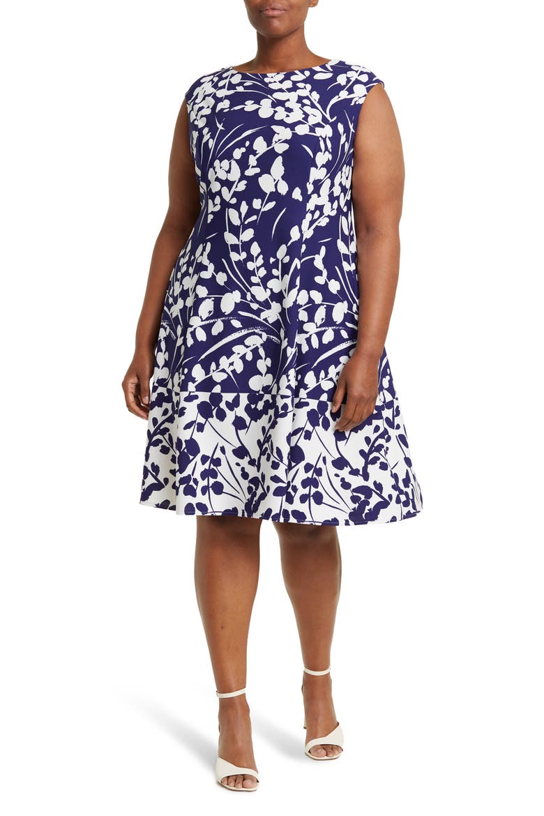 Cap Sleeve Fit & Flare Dress, Main, color, NAVY IVORY
