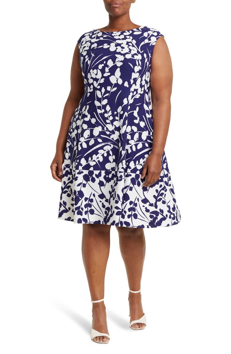 London Times Cap Sleeve Fit & Flare Dress, Main, color, Navy Ivory