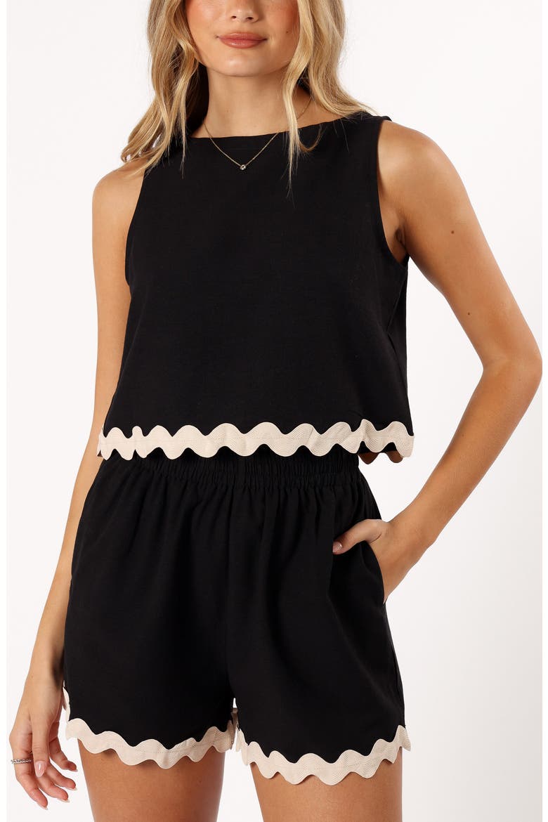 Katy Scalloped Trim Cotton & Linen Crop Tank & Shorts Set, Alternate, color, BLACK