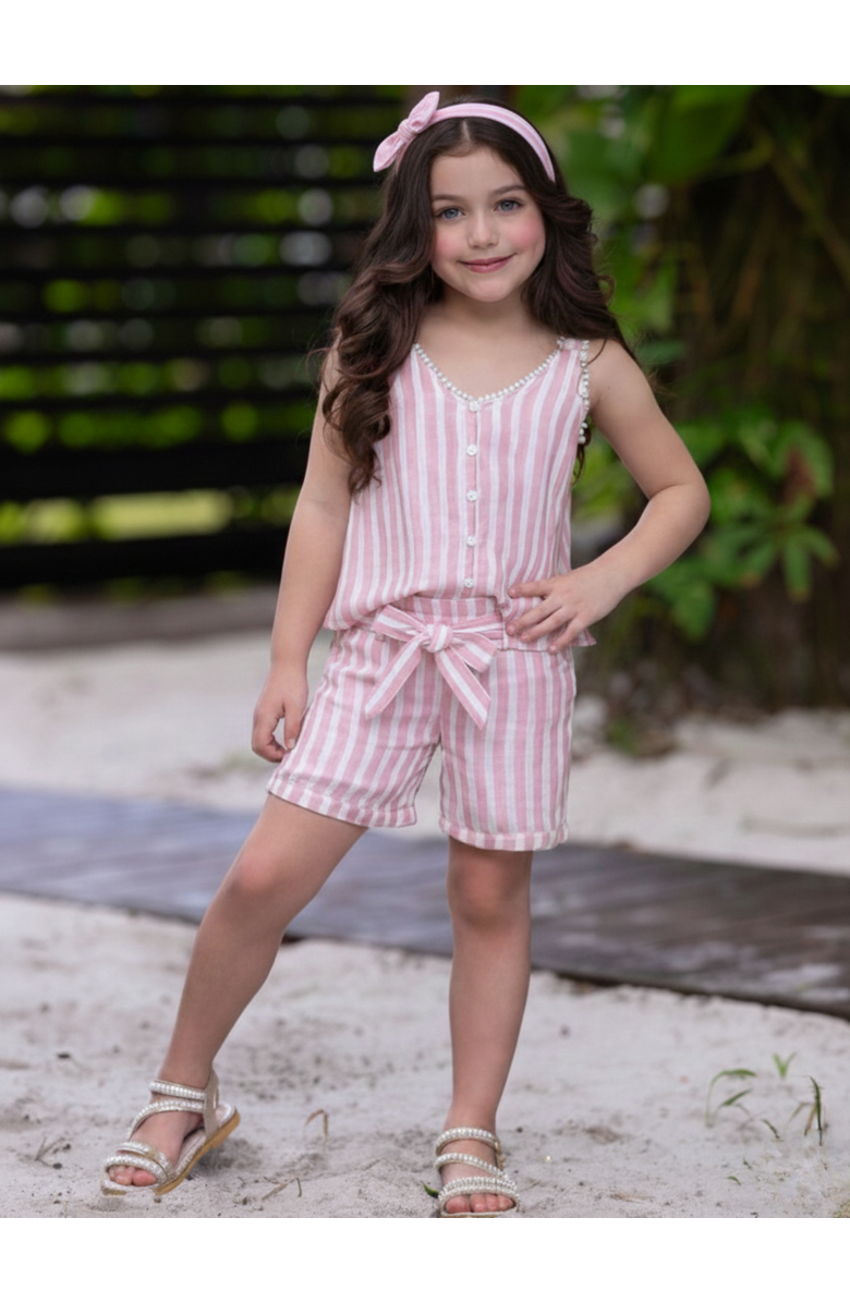Mia Belle Girls Sandy Stripes Cotton Sleeveless Top and Short Set, Alternate, color, Pink