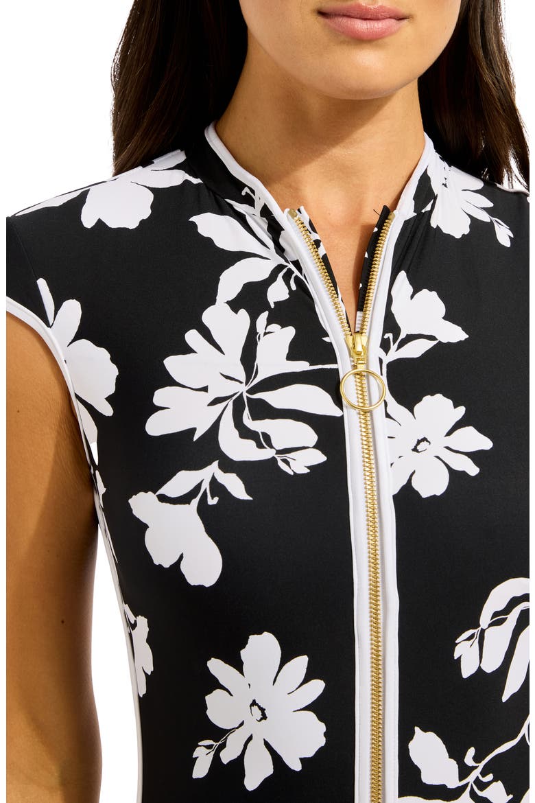 Cap Sleeve Zip Front One-Piece Swimsuit, Alternate, color, BLACK