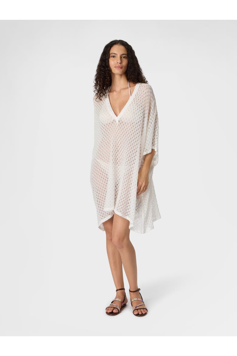 Short Caftan Cover-up In Lamé Viscose With Raschel Workmanship, Alternate, color, White