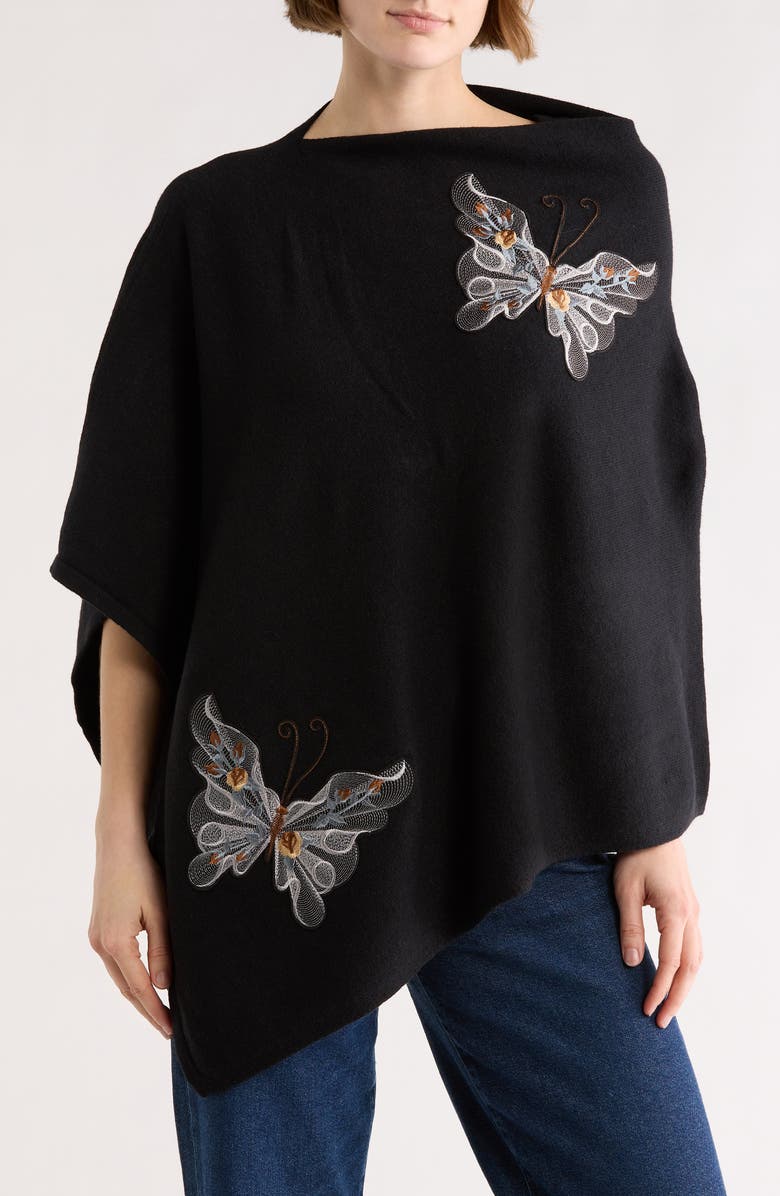 La Fiorentina Butterfly Embroidered Poncho, Main, color, Black/ Netural