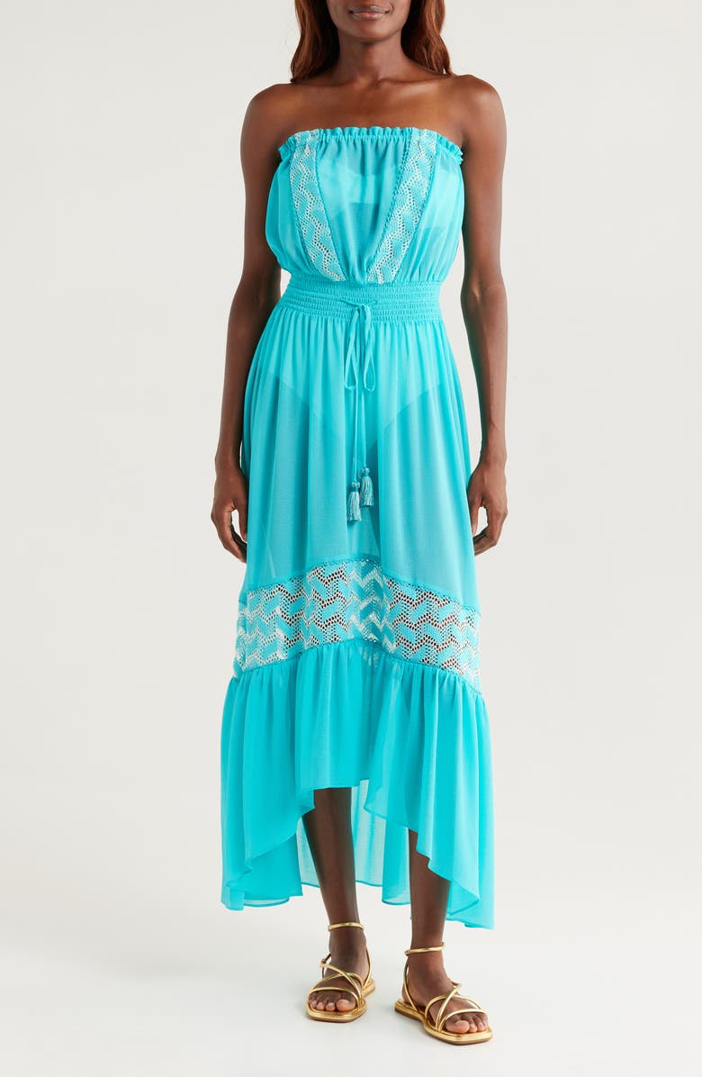 Ramy Brook Dorian Strapless Semisheer Cover-Up Maxi Sundress, Main, color, Beach Blue W/ White