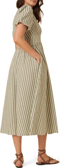 Starlight Stripe Puff Sleeve Organic Cotton Midi Dress