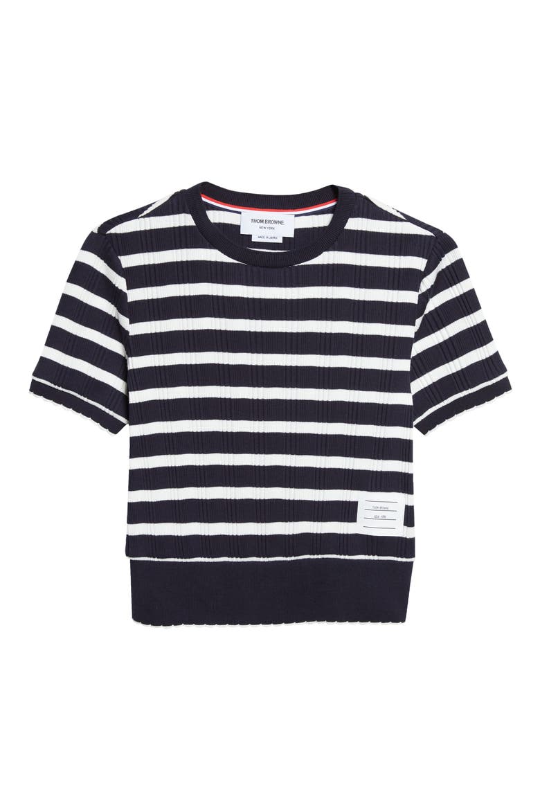 Stripe Scallop Edge Short Sleeve Cotton Rib Sweater, Alternate, color, NAVY/ WHITE