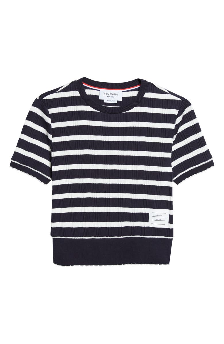Thom Browne Stripe Scallop Edge Short Sleeve Cotton Rib Sweater, Main, color, Navy/ White