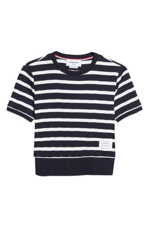 Stripe Scallop Edge Short Sleeve Cotton Rib Sweater