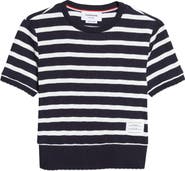 Thom Browne Stripe Scallop Edge Short Sleeve Cotton Rib Sweater