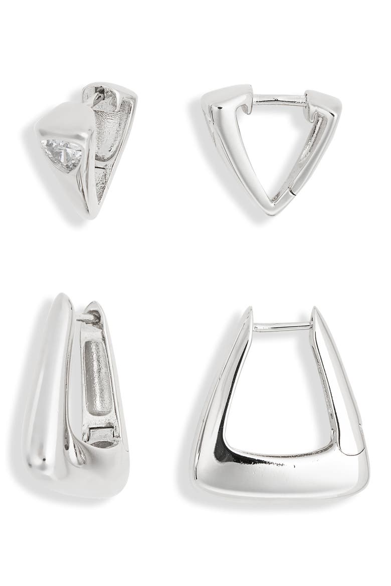 Set of 2 Cubic Zirconia Geometric Hoop Earrings, Alternate, color, CLEAR- SILVER