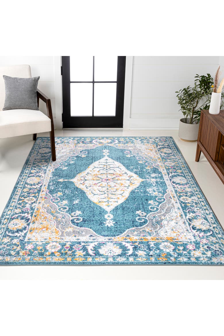 Zelda Bohemian Cottage Medallion Area Rug, Alternate, color, Turquoise/Gray
