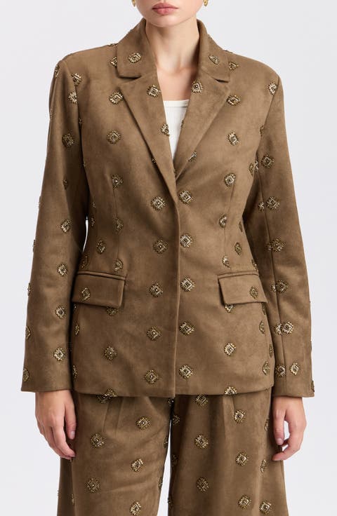 Embellished Hourglass Faux Suede Blazer