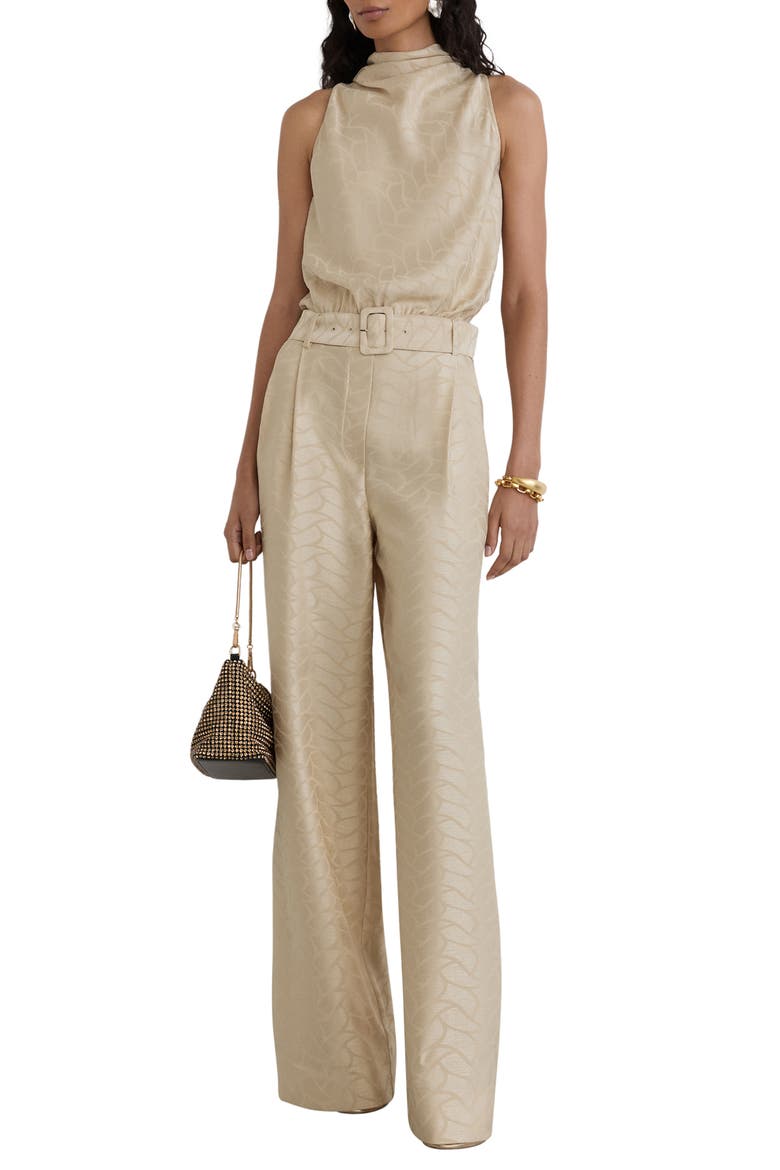 Erin Jacquard Belted Wide Leg Jumpsuit, Main, color, CHAMPAGNE NEUTR