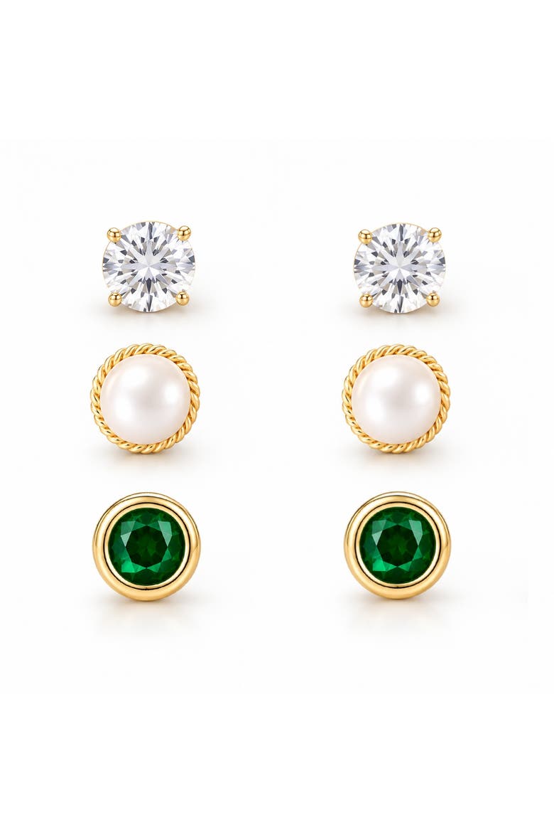 Set of 3 Gold-Tone Pearl & Crystal Stud Earrings, Main, color, Gold