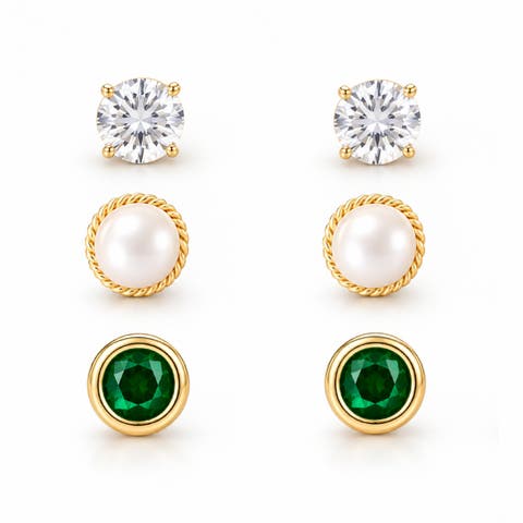 Set of 3 Gold-Tone Pearl & Crystal Stud Earrings