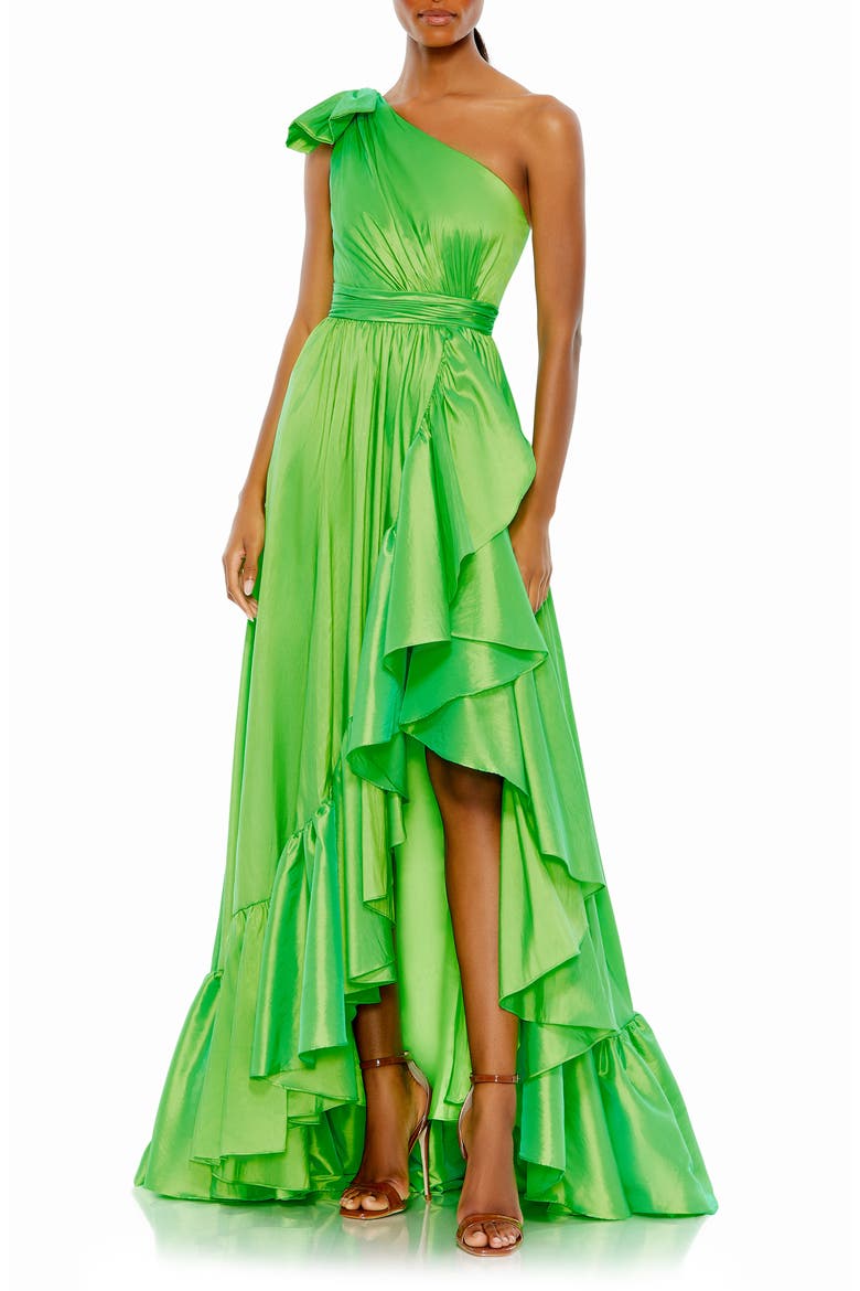 Ruffle One-Shoulder Taffeta Gown, Main, color, SPRING GREEN