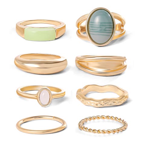 Gold-Tone 8-Piece Stacking Ring Set with Green Stone Accents, Size 7
