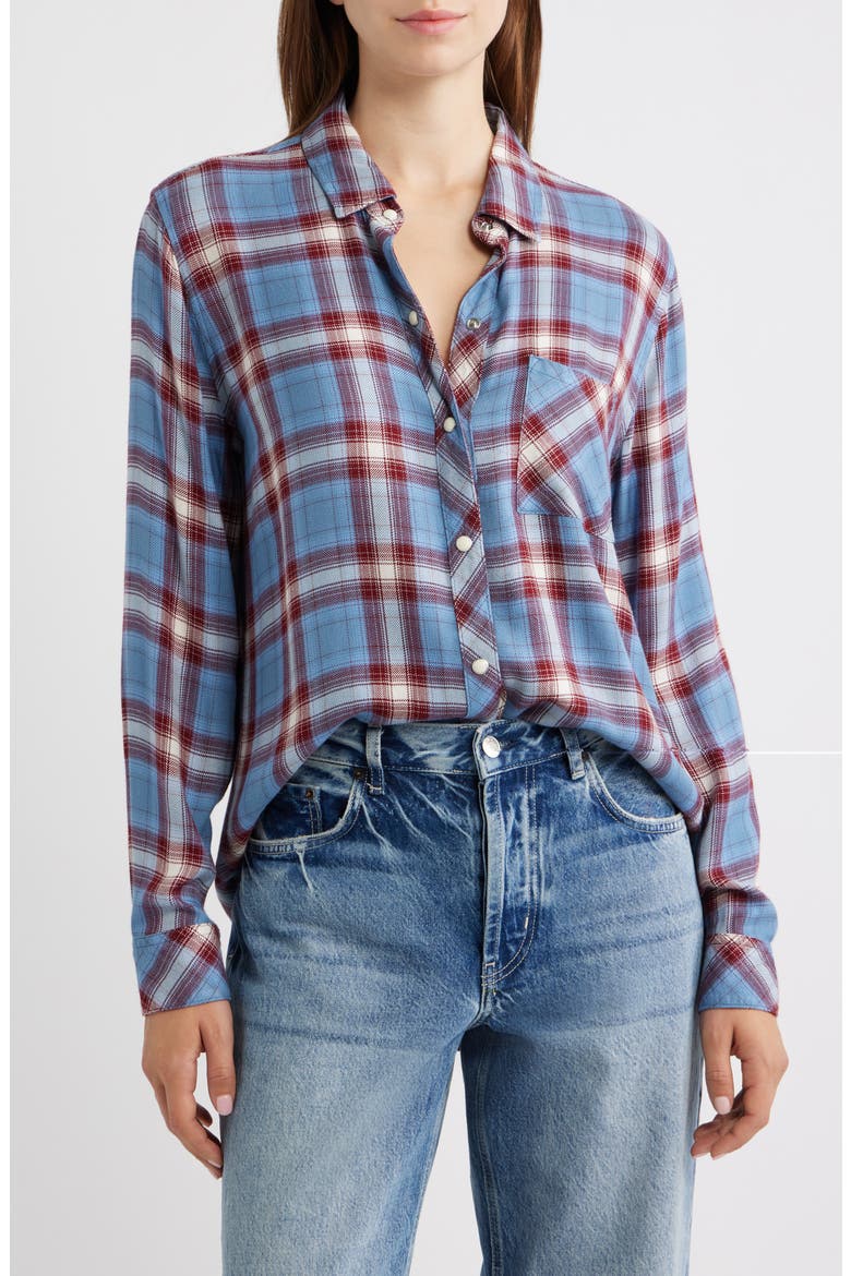 Hunter Plaid Button-Up Shirt, Main, color, STONE BLUE MAROON