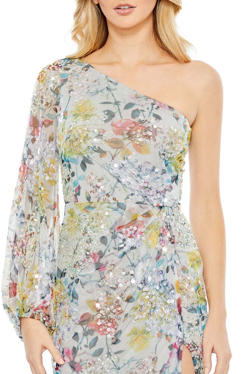 Mac Duggal Sequin Floral One-Shoulder Sheath Gown, Alternate, color,