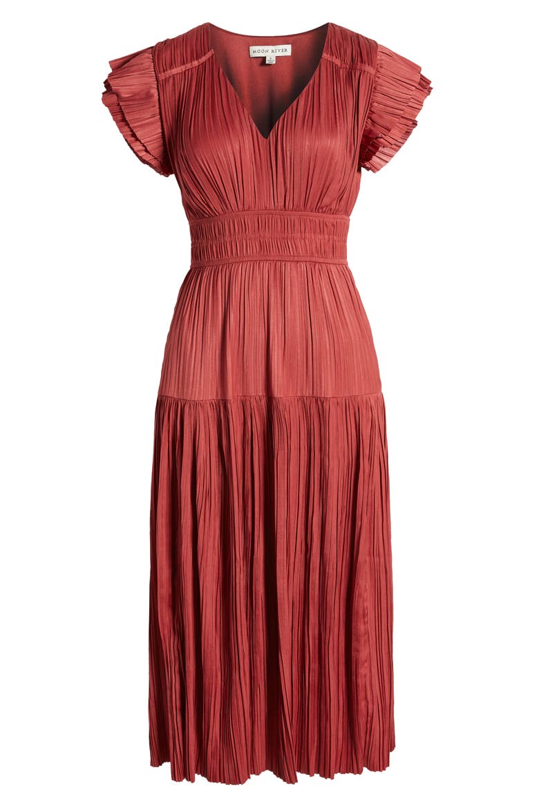 Plissé Midi Dress, Alternate, color, MARSALA