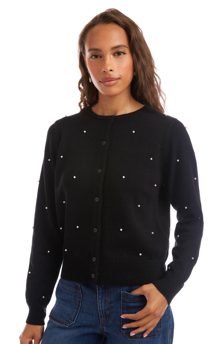 Karen Kane Faux Pearl Embellished Crewneck Cardigan, Alternate, color, Black