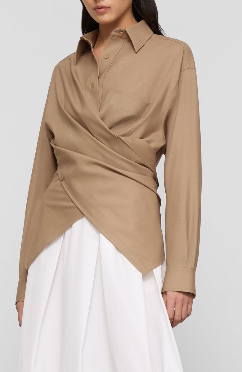 Lafayette 148 New York Tropical Wool Blend Convertible Wrap Blouse, Alternate, color, Brownstone