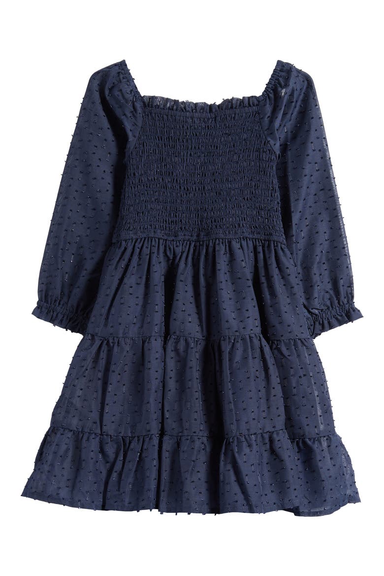 Kids' Metallic Smocked Bodice Long Sleeve Clip-Dot Chiffon Party Dress, Alternate, color, NAVY