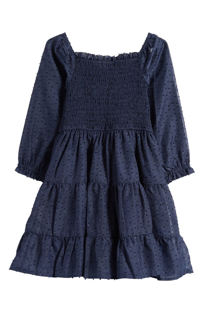 Ava & Yelly Kids' Metallic Smocked Bodice Long Sleeve Clip-Dot Chiffon Party Dress, Alternate, color, Navy