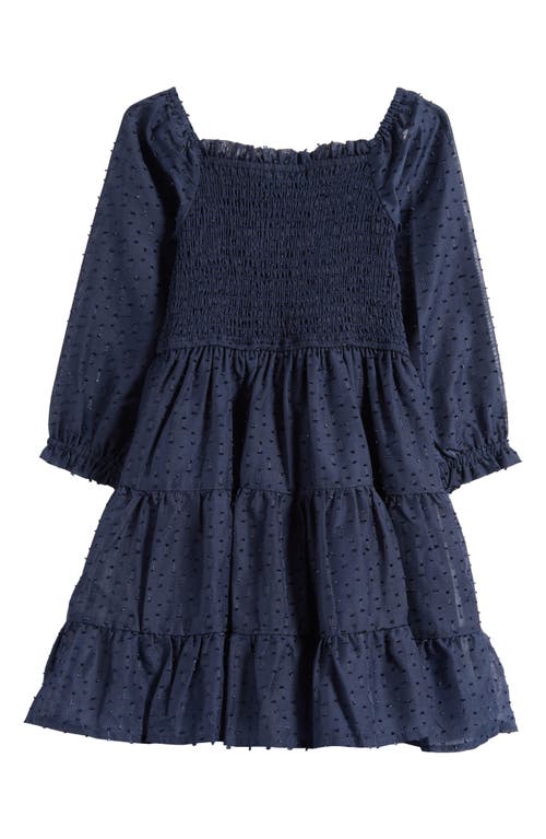 Ava & Yelly Kids' Metallic Smocked Bodice Long Sleeve Clip-dot Chiffon Party Dress In Blue