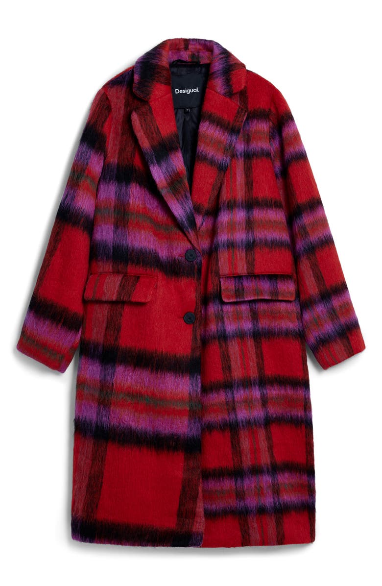 Desigual Tartan Plaid Fuzzy Coat, Alternate, color, Red