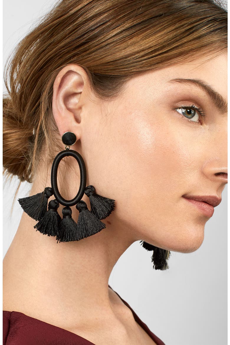 Tassel Oval Hoop Earrings, Alternate, color, BLACK