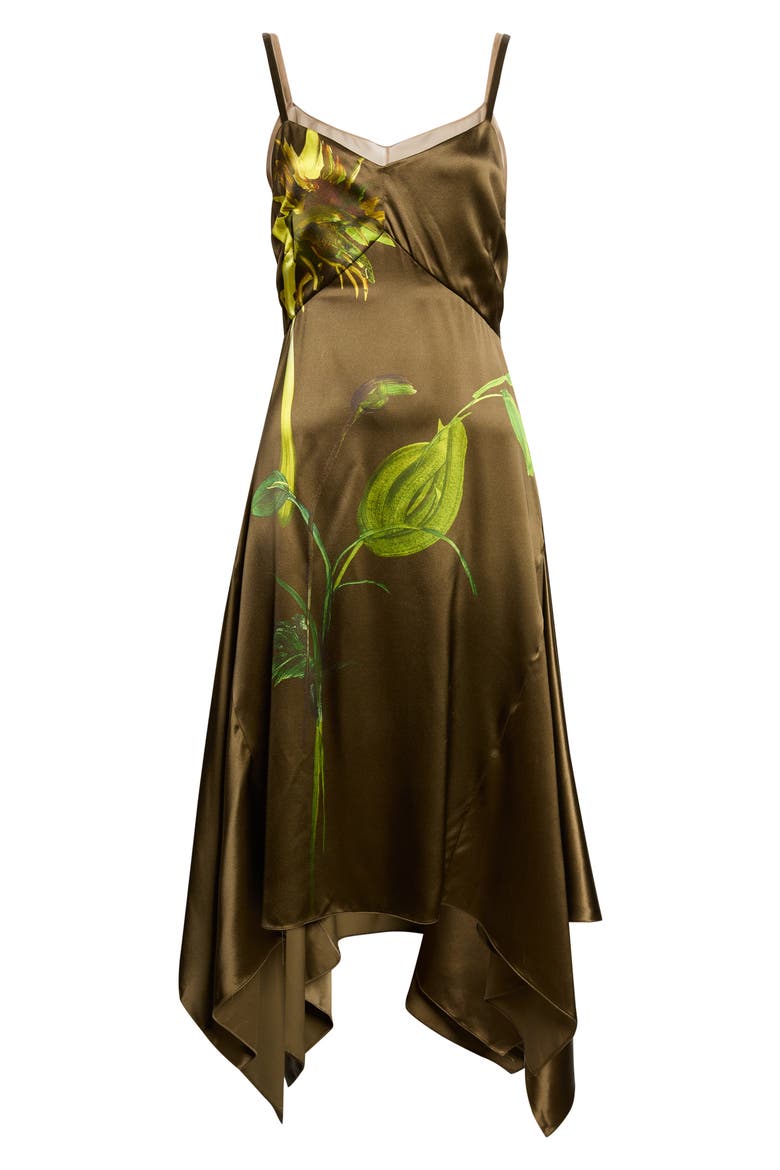 Sunflower Print Silk Slipdress, Alternate, color, BROWN