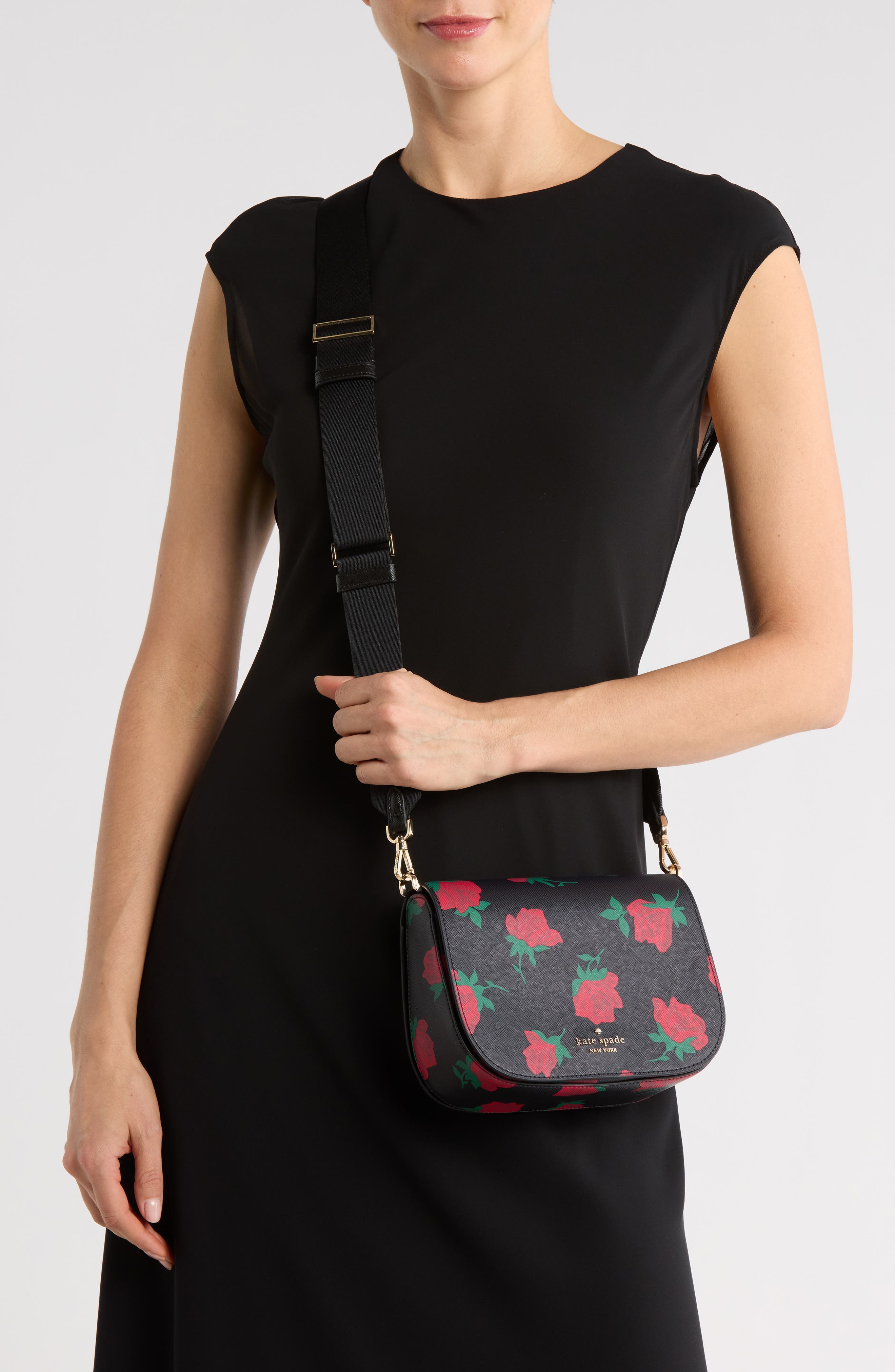 Kate Spade New York madison rose toss print saddle bag, Alternate, color, Black Multi