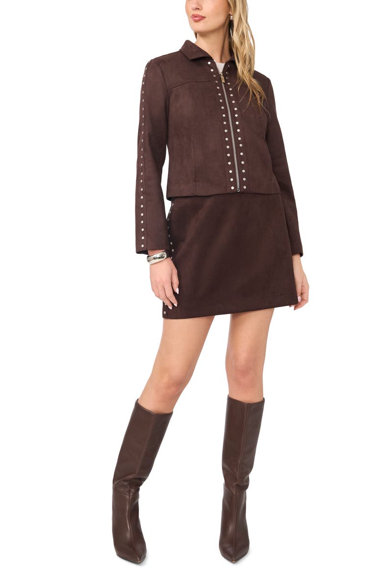 Studded Faux Suede Miniskirt, Alternate, color, DARK ROAST