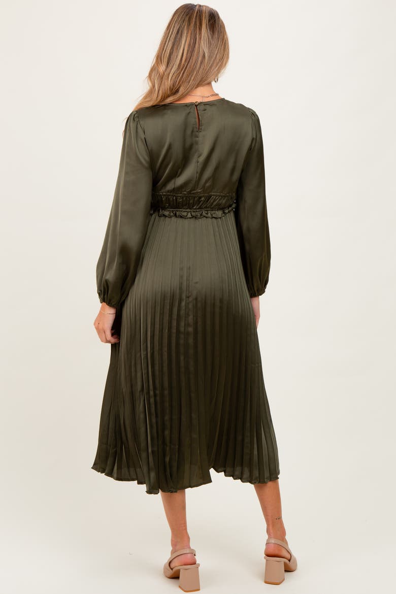 Pleated Satin Smocked Waist Midi Dress, Alternate, color, Olive Green