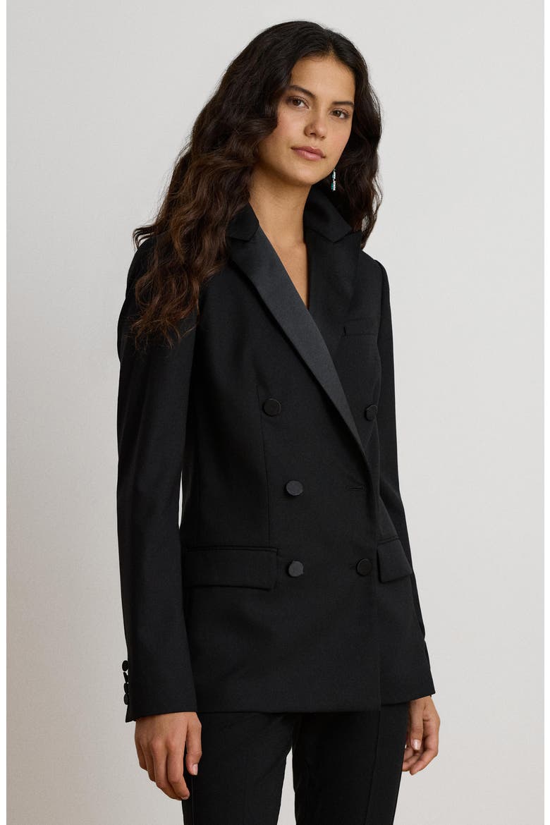 Satin-Trimmed Double Breasted Stretch Wool Blazer, Alternate, color, BLACK