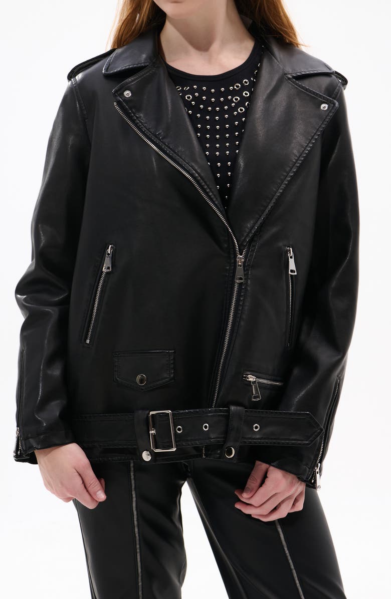 AZALEA WANG Aurelia Faux Leather Moto Jacket with Removable Faux Fur Collar, Alternate, color, Black
